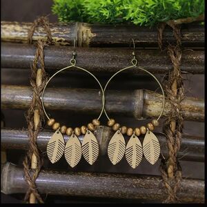 Boho Wooden Leaf Dangle Hoop Earrings